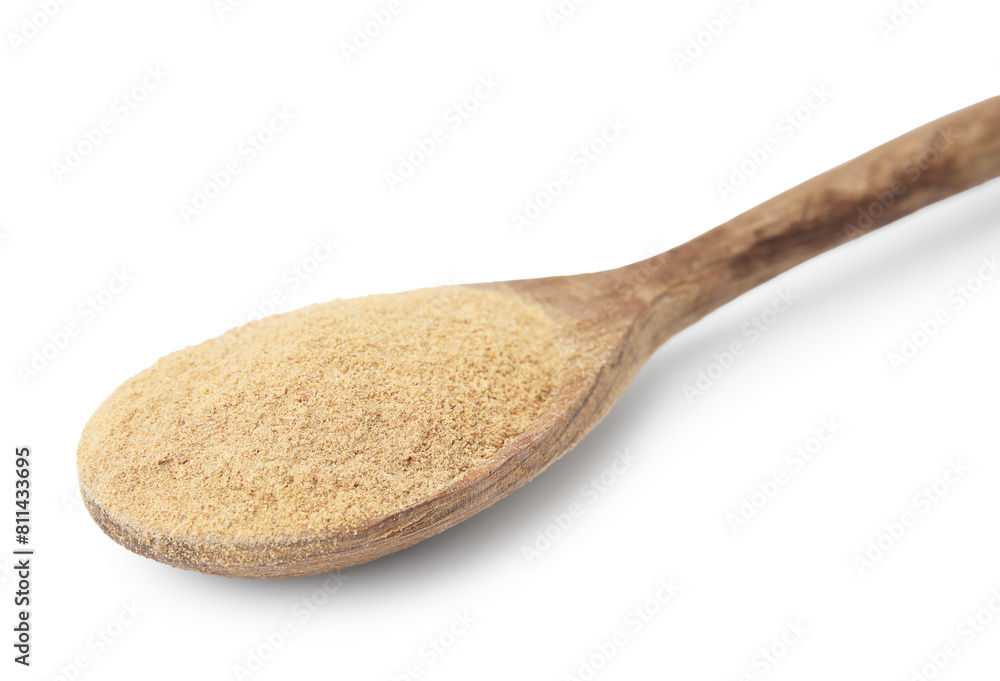 Dietary fiber. Psyllium husk powder in spoon isolated on white Dietary fiber. Psyllium husk powder in spoon isolated on white