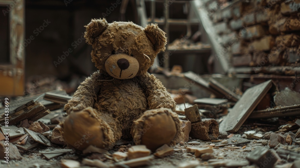 Nostalgic old teddy bear placed gently among the debris of a broken house, studio-lit to enhance the contrast between warmth and ruin Nostalgic old teddy bear placed gently among the debris of a broken house, studio-lit to enhance the contrast between warmth and ruin