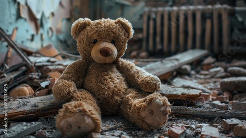 Nostalgic old teddy bear placed gently among the debris of a broken house, studio-lit to enhance the contrast between warmth and ruin photo