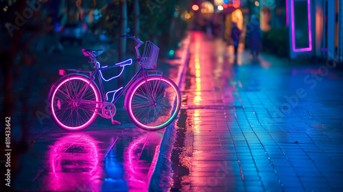 A neon-colored bicycle parked on a neon-painted sidewalk, neon, hd, with copy space photo