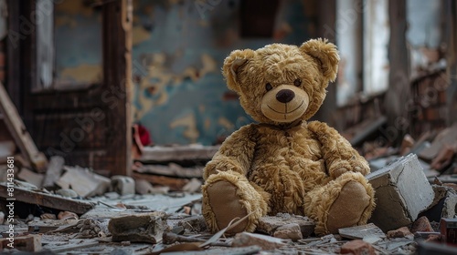 Nostalgic old teddy bear placed gently among the debris of a broken house, studio-lit to enhance the contrast between warmth and ruin photo