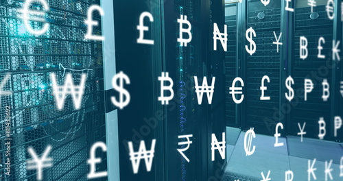Rows of server racks with glowing currency symbols representing digital money