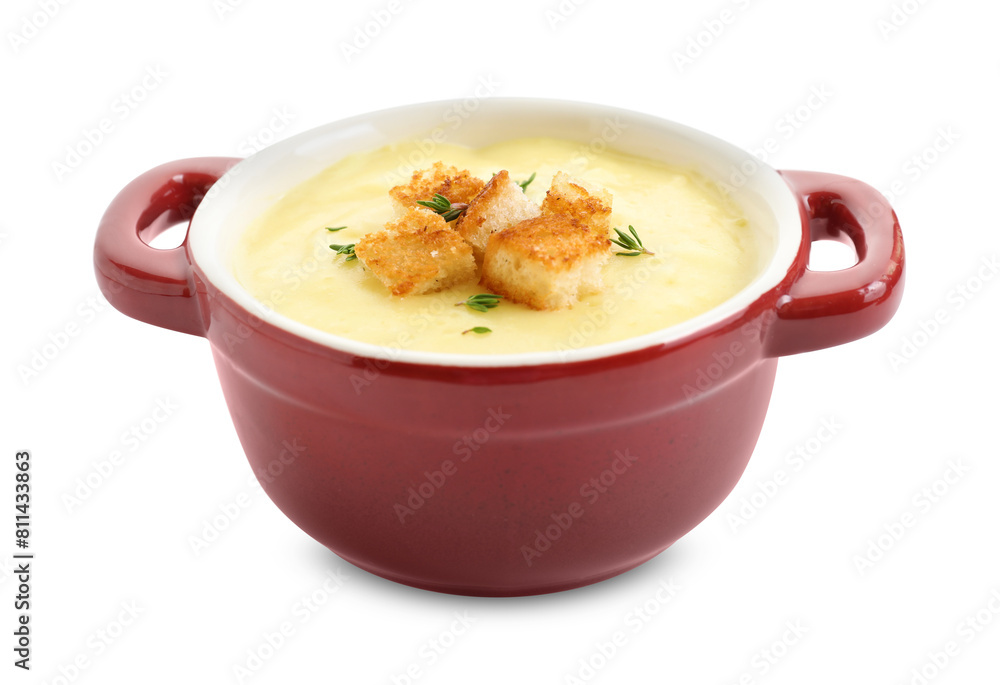 Tasty potato soup with croutons and rosemary in ceramic pot isolated on white Tasty potato soup with croutons and rosemary in ceramic pot isolated on white