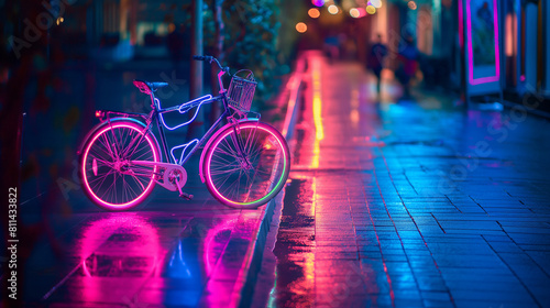 A neon-colored bicycle parked on a neon-painted sidewalk, neon, hd, with copy space