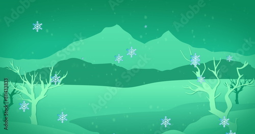 Snowflakes gently falling over serene winter landscape