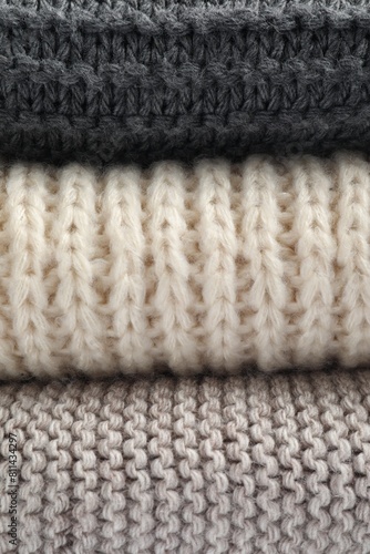 Soft knitted scarfs as background, closeup view