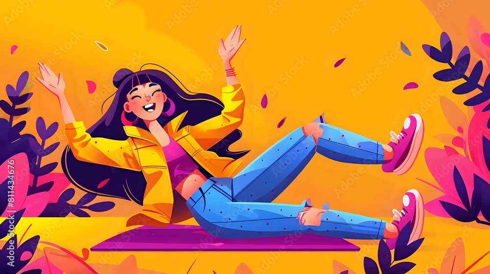 Happy Woman Engaged in Dynamic Yoga Stretching with Peaceful Elements
