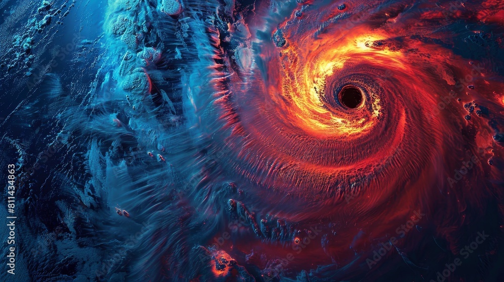 Majestic top view of a super typhoon, swirling dramatically around its eye over the ocean, brightly lit in satellite imagery Majestic top view of a super typhoon, swirling dramatically around its eye over the ocean, brightly lit in satellite imagery