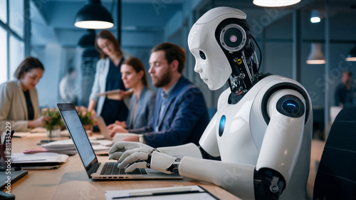 robot working in the office close up.  team working on laptop in the office. artificial intelligence. AI generated
