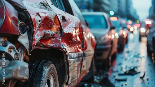 Close-up of mangled car bumpers and deformed body panels at an urban crossroads accident, emphasizing the traffic disruption photo