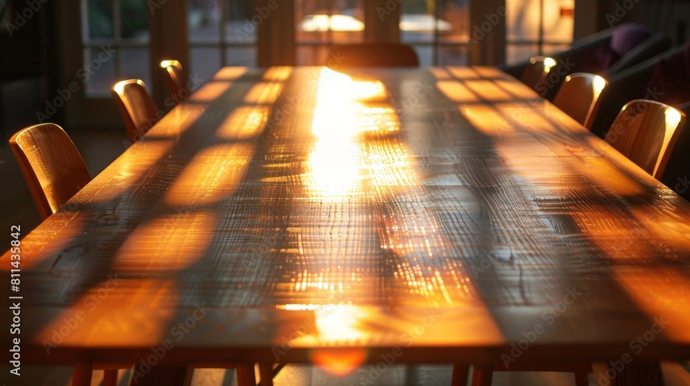 Close-up of a meeting table with chairs arranged, the warm sunlight shining through windows to cast patterns on the surfaces