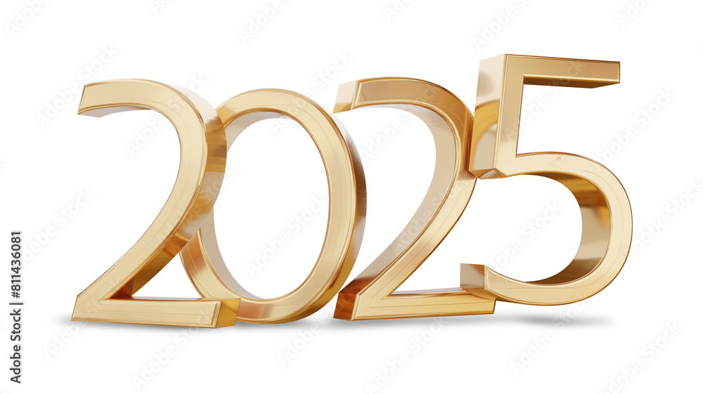 year 2025 golden symbol isolated on white golden gold metallic, new year and change, luxury glossy elegance bold number 3d-illustration