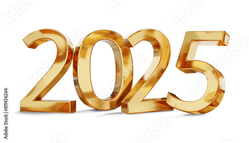 year 2025 golden symbol isolated on white golden gold metallic, new year and change, luxury glossy elegance bold number 3d-illustration