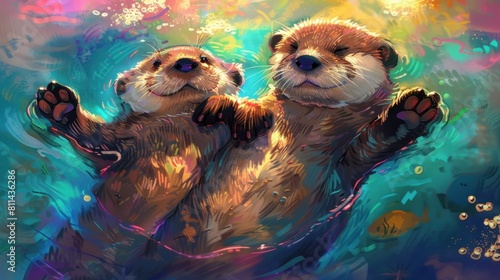 Two happy cartoon otters painted with water color.