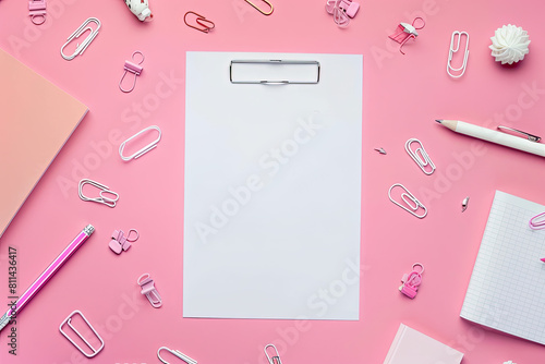 white notepad sheet on a pink background. Back to school, school supplies, top view