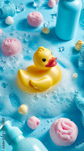 everything floats in soap foam flat lay Rubber Duckie, Soap Foam Fun, Kid-Friendly Shampoo Bottles