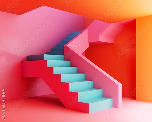 Geometric staircases flat design side view architectural feature theme 3D render vivid