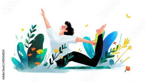 Tranquil Illustration of a Woman Stretching with Calming Colors