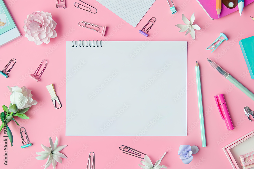 white notepad sheet on a pink background. Back to school, school supplies, top view