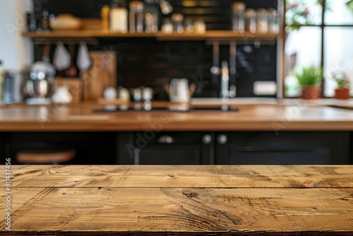 Wood table top on blur kitchen counter (room)background.For montage product display or design key visual layout - generative ai