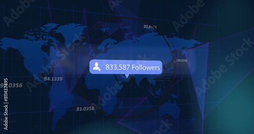 This image showcases a social media digital interface concept where a world map is shown with a netw photo