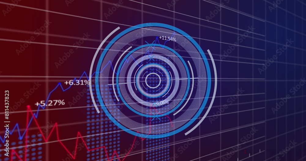 Image of neon round scanner and statistical data processing against purple gradient background Image of neon round scanner and statistical data processing against purple gradient background