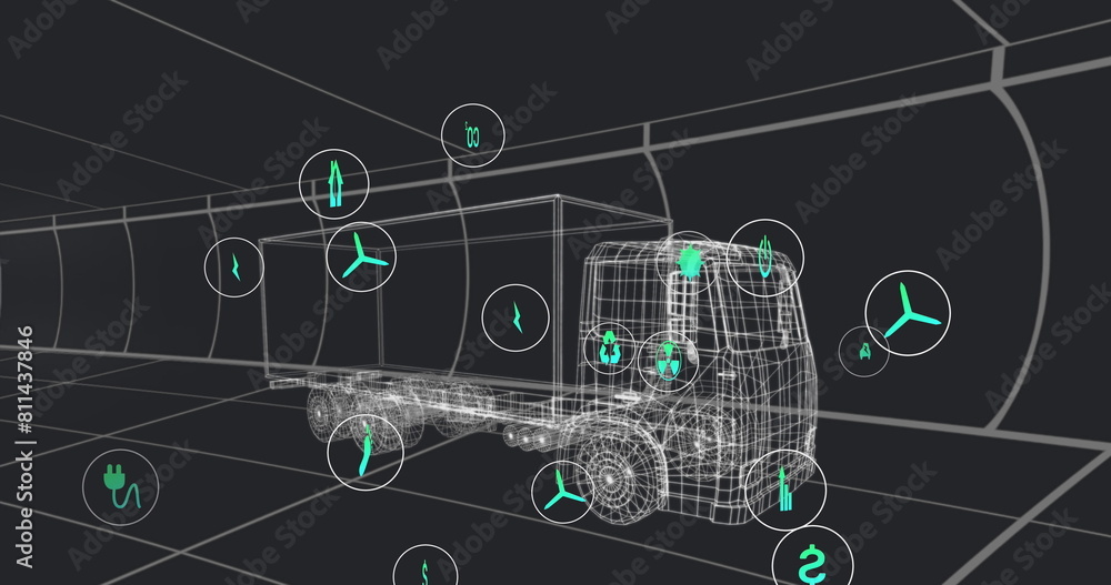 Naklejka premium Image of multiple digital icons over 3d truck model in seamless pattern on black background