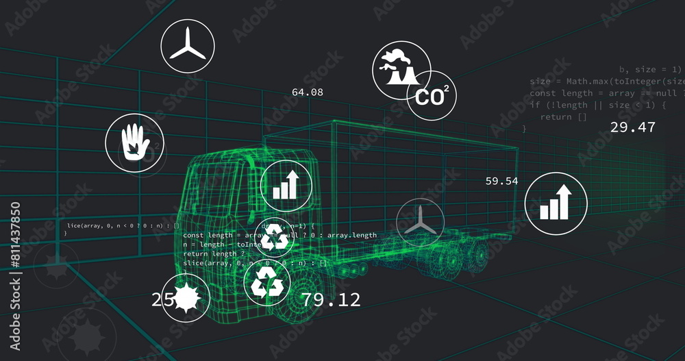 Image of multiple digital icons over 3d truck model in seamless pattern and data processing