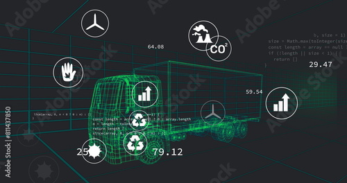 Image of multiple digital icons over 3d truck model in seamless pattern and data processing