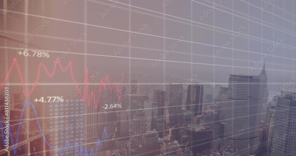 Image of statistical data processing over grid network against aerial view of cityscape Image of statistical data processing over grid network against aerial view of cityscape