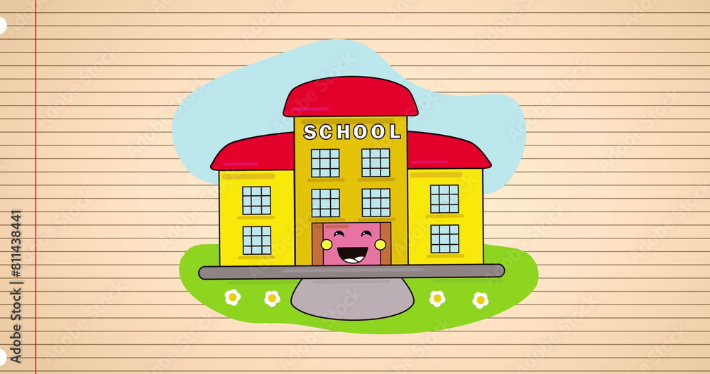 Fototapeta premium Image of school text on smiling house drawing over book page in background