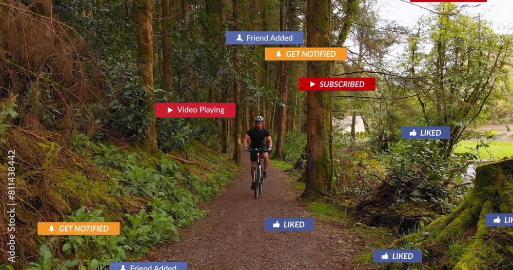 Image of social media icons over aerial view of caucasian male cyclist riding bike in the forest Image of social media icons over aerial view of caucasian male cyclist riding bike in the forest