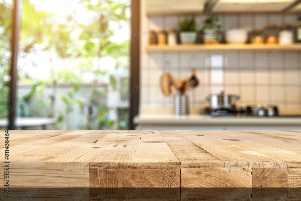 Wood table top on blur kitchen counter (room)background.For montage product display or design key visual layout - generative ai Wood table top on blur kitchen counter (room)background.For montage product display or design key visual layout - generative ai