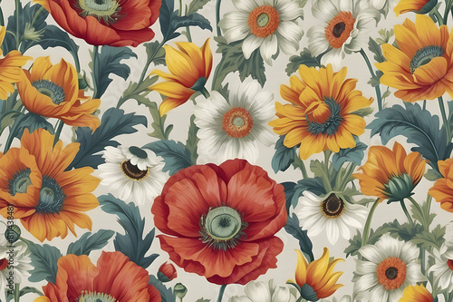 A seamless pattern of floral chintz pattern reminiscent of the 1940s.