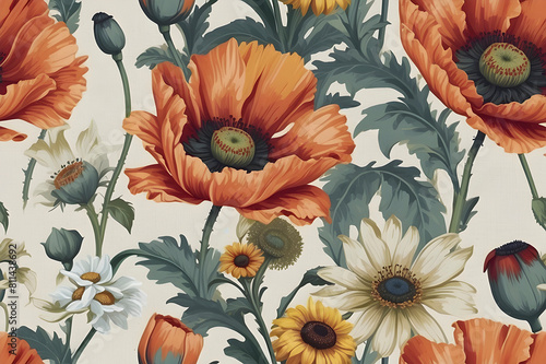 A seamless pattern of floral chintz pattern reminiscent of the 1940s.