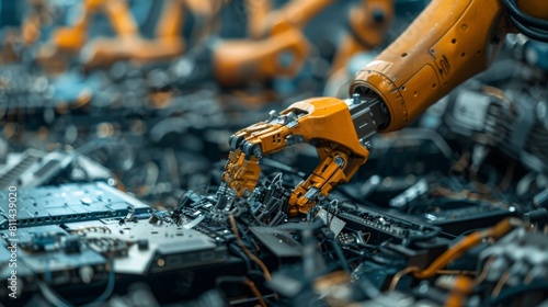 Brightly lit close-up of a robot worker dismantling e-waste at a recycling plant, emphasizing the concept of sorting and sustainability photo