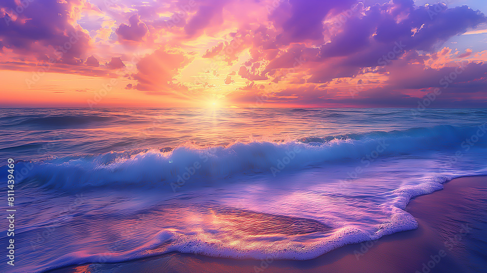 Dramatic orange and red hues paint the cloudy evening sky as the sun dips below the horizon over the ocean Dramatic orange and red hues paint the cloudy evening sky as the sun dips below the horizon over the ocean