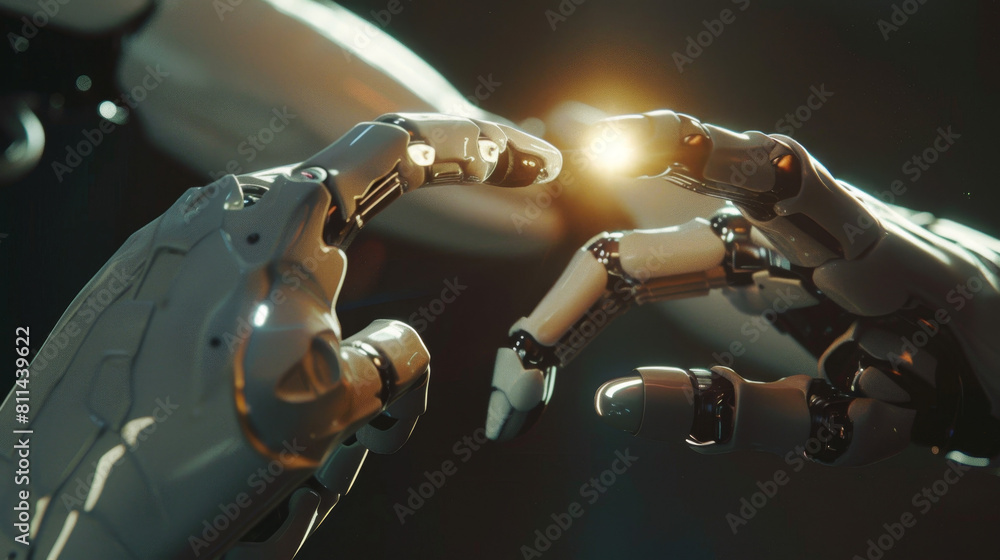 Artificial intelligence robot hand touching a human finger on a dark background, in the style of technology and people concept. Artificial intelligence robot hand touching a human finger on a dark background, in the style of technology and people concept.