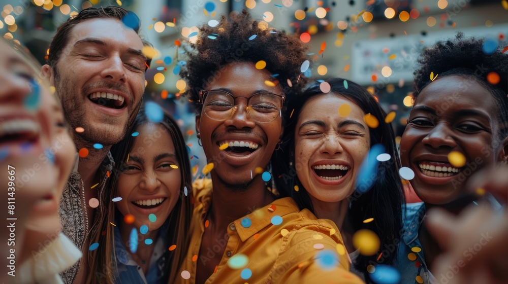 Triumphant Diverse Business Team Celebrating Success with Confetti Triumphant Diverse Business Team Celebrating Success with Confetti