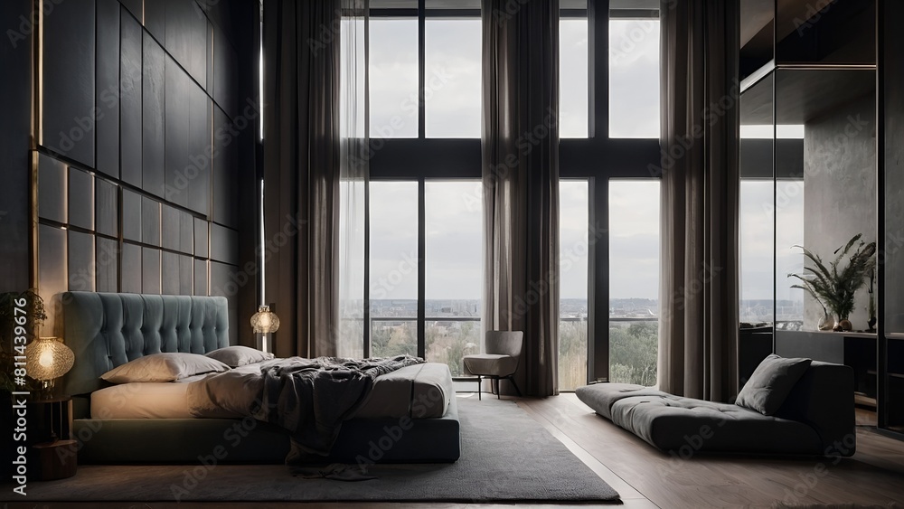 Modern bedroom with large windows and wood floors.