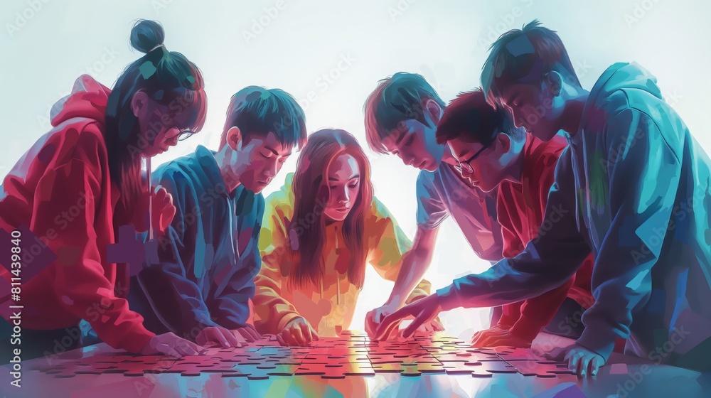  Group of young people collaboratively solving a puzzle under colorful, illuminated settings, displaying teamwork.