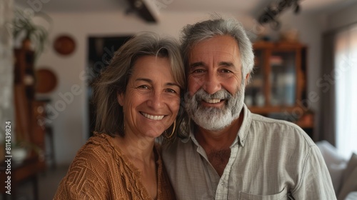 Joyful Senior Couple Embracing New Home: Genuine Smiles and Love in Wide Long Shot with Depth of Field