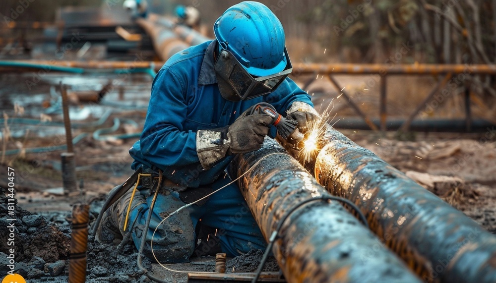 Engineer wearing safety uniform and helmet welding to repair pipe concept of innovative industrial and maintenance growth efficiency manufacturing Engineer wearing safety uniform and helmet welding to repair pipe concept of innovative industrial and maintenance growth efficiency manufacturing