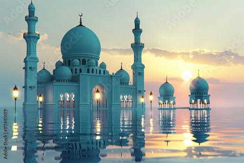 corel curved wallpaper desktop with white mosque and three small islamic lantern floating on top  photo