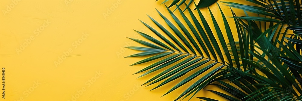 green palm leaves framing on yellow background on summer concept green palm leaves framing on yellow background on summer concept