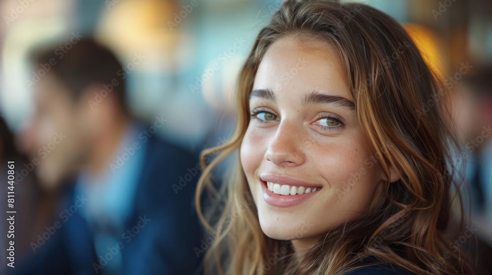 Businesswoman Leading Productive Meeting with Genuine Smile - Wide Shot Focus on Depth of Field Businesswoman Leading Productive Meeting with Genuine Smile - Wide Shot Focus on Depth of Field