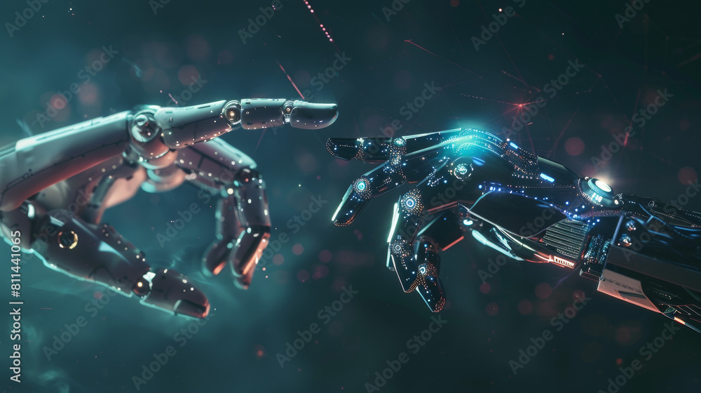 An artificial intelligence robot hand pointing its finger towards a human with a digital technology background. The concept of interaction between humans and artificial elements An artificial intelligence robot hand pointing its finger towards a human with a digital technology background. The concept of interaction between humans and artificial elements