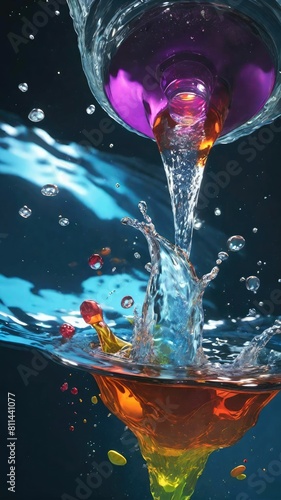 Cool blue color tone, colorful water and color splash with dark black background.