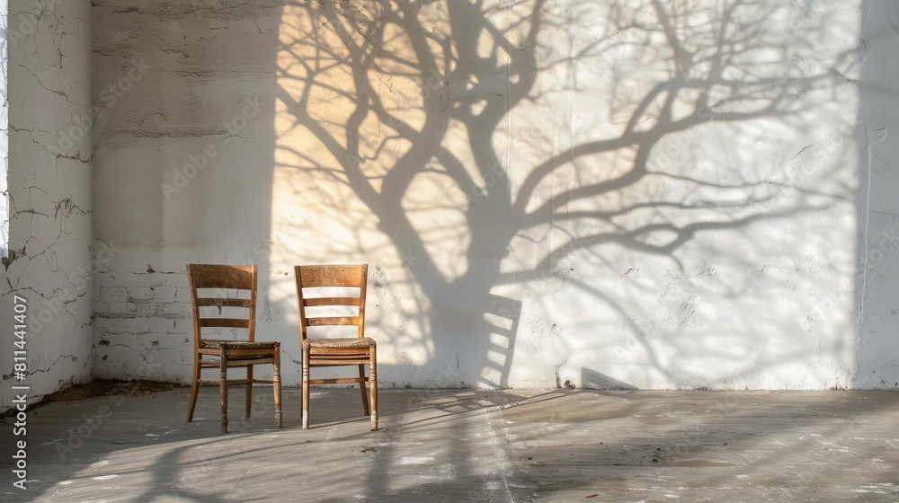 Detailed, real-life shadow patterns from trees by wooden chairs, conveying tranquility and the serene blend of light, isolated studio setting Detailed, real-life shadow patterns from trees by wooden chairs, conveying tranquility and the serene blend of light, isolated studio setting