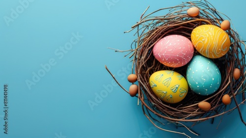 Easter eggs displayed in a nest against a blue backdrop Ample space for text